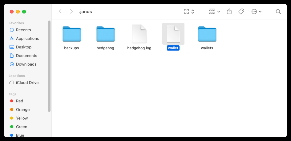 The wallet file in the .janus folder in Finder