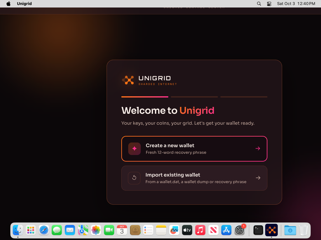 Unigrid opens on the welcome screen