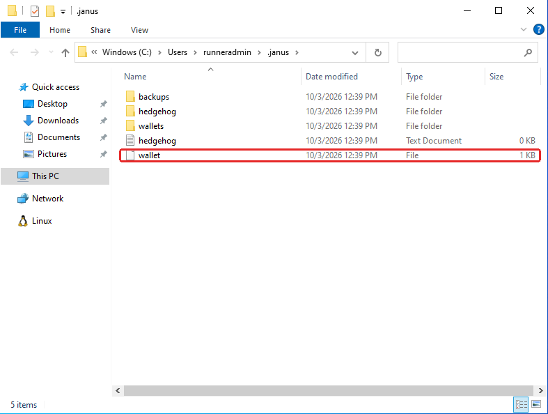 The wallet file in the .janus folder in File Explorer